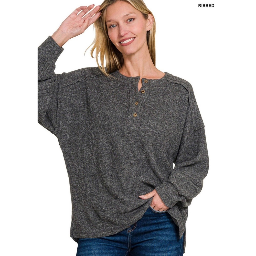 Zenana Women's Ribbed Brushed Hacci Melange Henley Sweater Gray Sz S/M